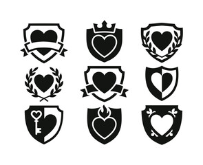 Love and heart silhouette icon set. featuring heart, shield, crown, wreath, flame, and ribbon symbols