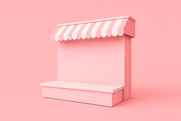 Side view of a pink market stall podium with a striped canopy for showing commercial goods and boutique items in a clean studio mockup