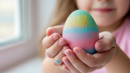 Child joyfully presents a beautifully decorated pastel egg during a sunny spring day