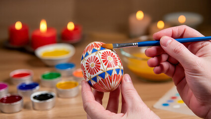 Creative hands paint a decorative egg with vibrant colors during a festive celebration at home, embracing traditions and artistry