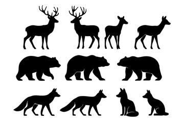 Obraz premium Silhouettes of deer, bears, and foxes in profile views.