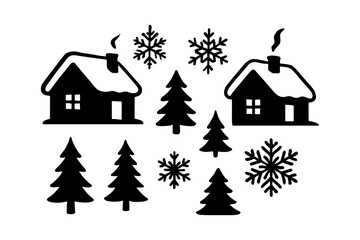 Fototapeta premium Winter holiday scene with snowy houses, pine trees, and snowflakes silhouette.