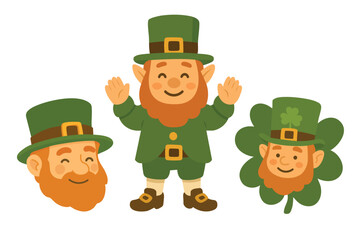 Set of cute leprechaun characters and faces for Saint Patrick festive Irish vector clipart.