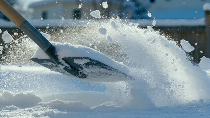 Shoveling snow in a quiet winter garden creates a beautiful scene of sparkling flakes under soft sunlight