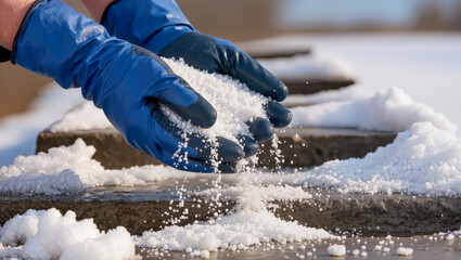 Winter maintenance at its best with hands applying ice melt on snowy pathway in a bright afternoon