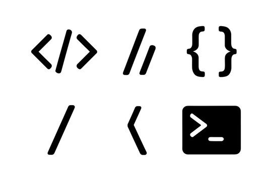 Programming symbols set with code brackets and slashes icons.