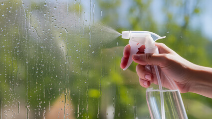 Cleaning a window with a spray bottle under bright sunlight on a warm day