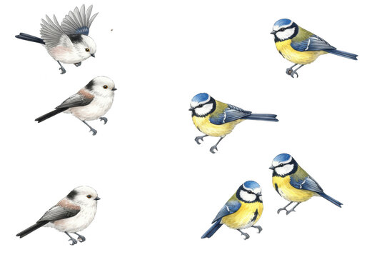 detailed watercolor illustration featuring fluffy shima enaga and vibrant blue tits nestled among pink ume blossoms, isolated on transparent background. concept of early spring wildlife set