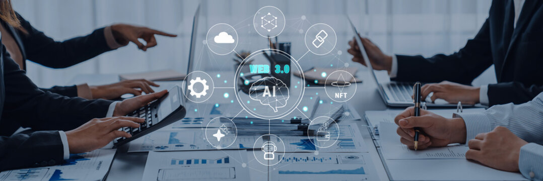 A dynamic office scene featuring business professionals engaging in discussions about digital transformation, technology trends, and data-driven insights with visual analytics. Trope - Powered by Adobe