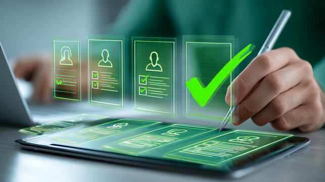 Person selecting digital profiles on tablet with stylus hand - Powered by Adobe