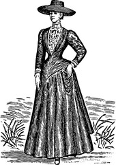 Obraz premium Elegant victorian lady in vintage dress silhouette sketch design for retro art projects
