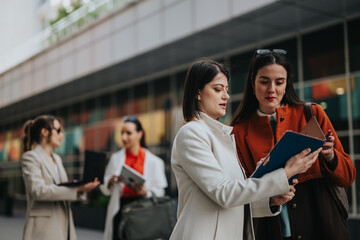 Obraz premium Associates stand outside a contemporary office, discussing a blue folder and notes. They wear stylish coats and sunglasses, conveying collaboration, planning, and friendly energy in an urban setting.