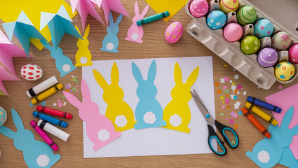 Spring celebration with colorful paper bunnies and vibrant Easter eggs on a crafting table
