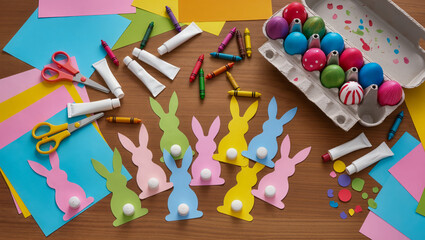 Colorful crafting session filled with artistic supplies and cheerful decorations for spring celebrations