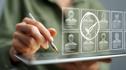 Person selecting profile from digital interface green shirt tablet image