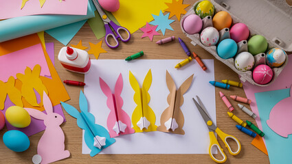 Creative spring crafting session featuring colorful bunnies, vibrant papers, and festive decorations on a wooden table