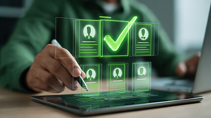 Person selecting profile on digital interface with green checkmark image
