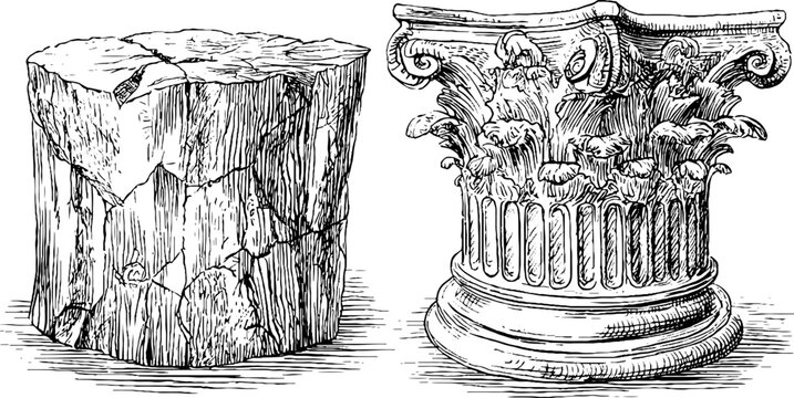 Vintage illustration of ancient broken columns and architecture objects for design and decoration