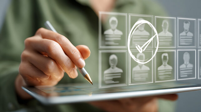 Person selecting profile from digital interface green shirt tablet image - Powered by Adobe