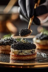 Delicate pearl spoon lifting black caviar to perfectly adorn gourmet dish in elegant setting