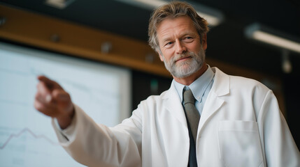 Obraz premium A professor gesturing toward a projected graph while explaining a complex concept, emphasizing knowledge transfer and academic expertise. cinematic color correction, natural uneven lighting yet