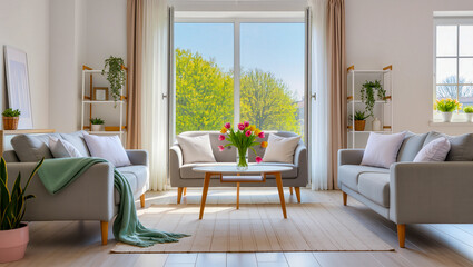 Bright and airy living room with lush green view and fresh flowers on a sunny day