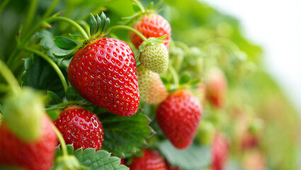 Ripe red strawberries glistening with freshness on green leafy stems a bountiful harvest.