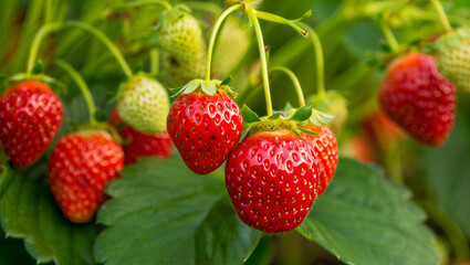Ripe red strawberries grow on a green vine some still developing.