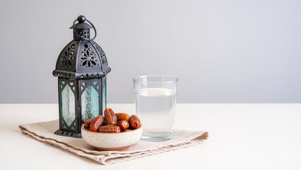 Evening serenity with dates, water, and a decorative lantern on a soft cloth for a peaceful moment