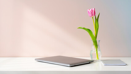 Elegant workspace with a laptop and a blooming pink tulip, capturing a serene moment of creativity in a bright setting