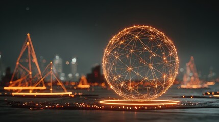 Abstract digital network sphere illuminated with connection points in futuristic scene