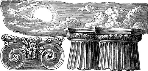 Naklejka premium Art deco architectural elements with sun and clouds vintage engraving for design projects