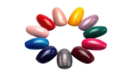 Colorful, glossy, nail-shaped blobs arranged in a circle against a black background showcase diverse hues