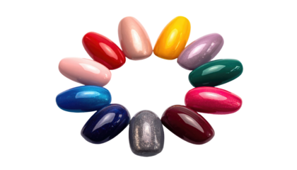 Colorful, glossy, nail-shaped blobs arranged in a circle against a black background showcase diverse hues