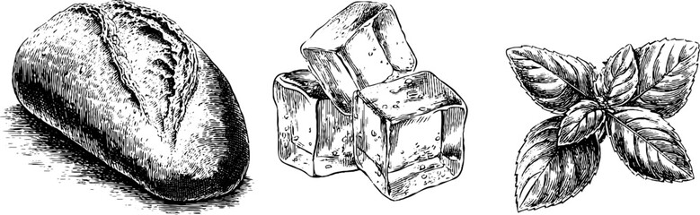 Vintage engraved illustrations of baked bread, ice cubes, and basil leaves for retro design