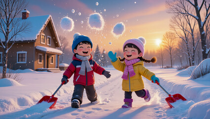 Joyful children playing in snowy landscape during a bright winter afternoon in a cozy neighborhood