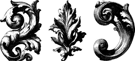 Naklejka premium Baroque scroll decorative elements set with vintage engraved design for historical projects