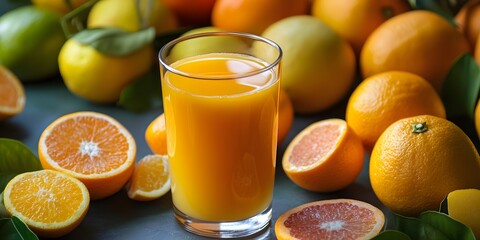 Fresh Orange Juice in a Glass Surrounded by Assorted Citrus Fruits