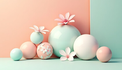 Assorted pastel spheres and Easter eggs with floral decorations on pastel pink and mint green background