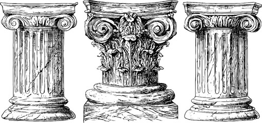 Naklejka premium Vintage engraved illustration of three fluted architectural columns