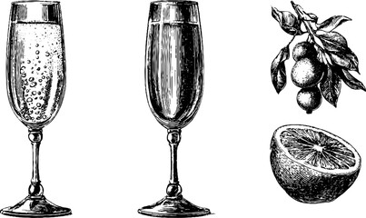 Obraz premium Vintage hand drawn champagne flutes and citrus illustration for design and decor