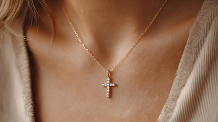 Golden Cross Necklace: A close-up showcases a delicate, golden necklace with a diamond-studded cross pendant adorning a person's neckline, embodying faith and elegance.
