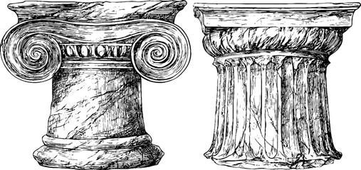 Naklejka premium Classical column capitals set: vintage engraved illustration for architectural design