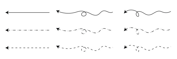 Long squiggle dashed, dotted line arrow vector icon on white background. Vector Illustration.