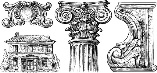 Naklejka premium Classical architecture elements and vintage engravings set for design and decoration