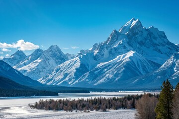 Majestic snowcapped mountain peaks glistening under a clear blue sky panoramic landscape view alpine environment breathtaking natural beauty