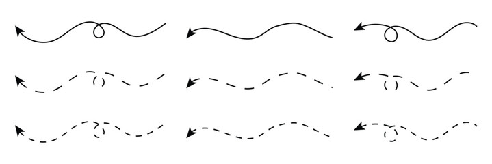 Long squiggle dashed, dotted line arrow vector icon on white background. Vector Illustration.