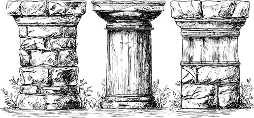 Naklejka premium Vintage engraving of three architectural columns from ancient structures