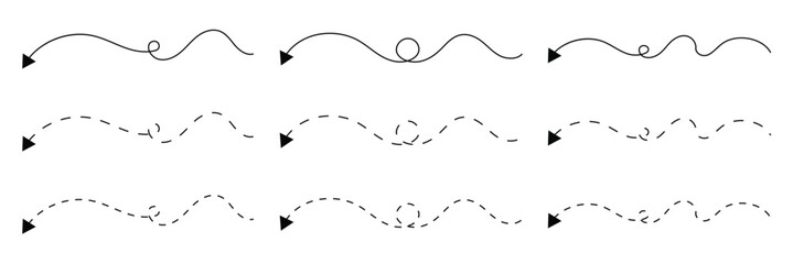 Long squiggle dashed, dotted line arrow vector icon on white background. Vector Illustration.