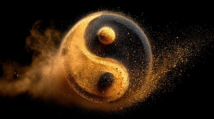 Abstract yin yang symbol floating in golden dust against black background